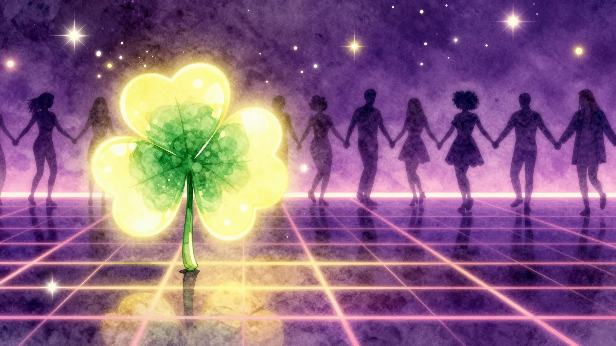 Vibrant watercolor style. Disco style album cover, a glowing...