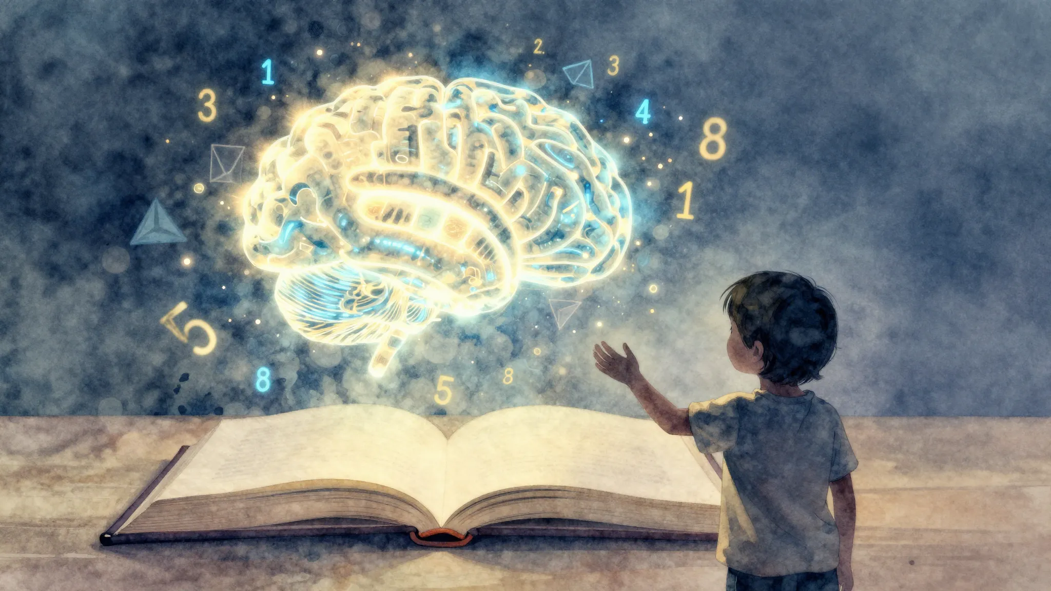 Watercolor style. A glowing digital brain floating above an ...