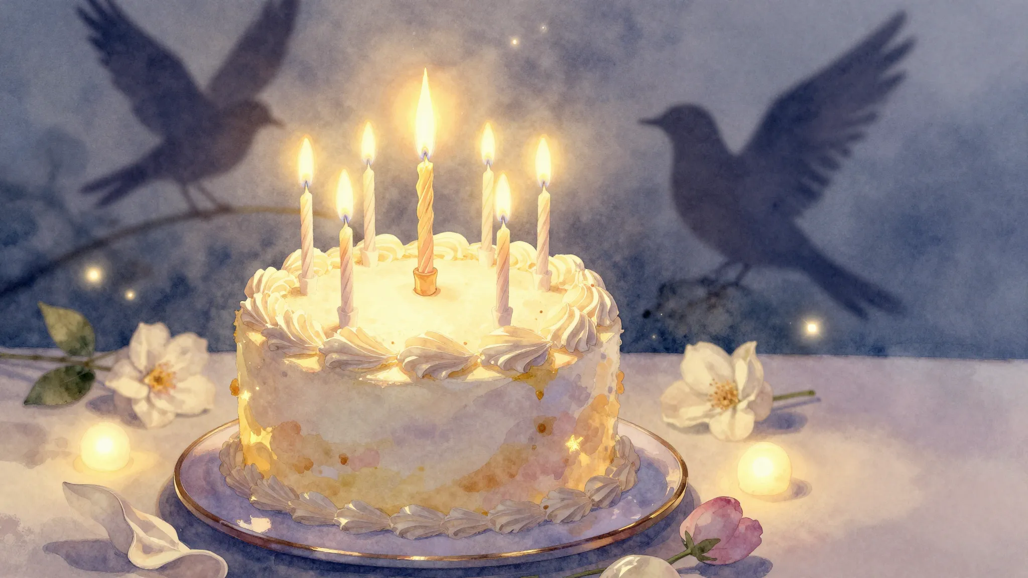 Watercolor style. A beautiful birthday cake with glowing can...