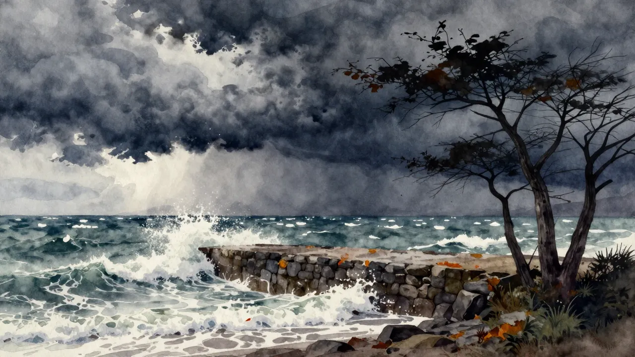Watercolor style. A dramatic autumn storm over the sea, dark...