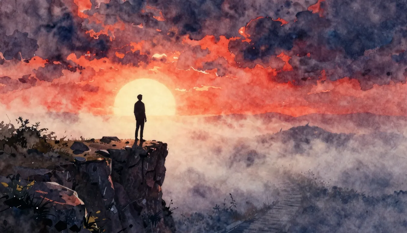 Vibrant watercolor style. A lonely silhouette standing on a ...