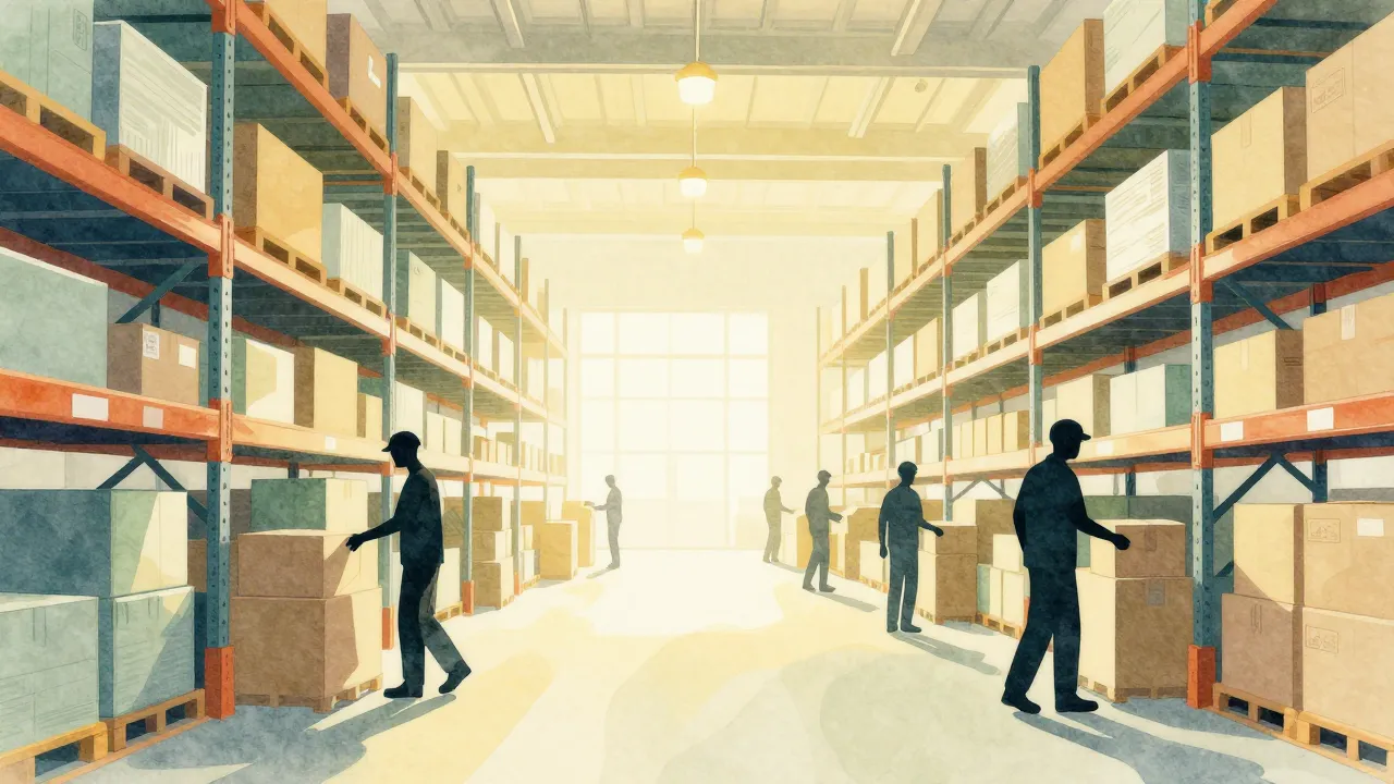 Watercolor style. A sunny warehouse interior with tall racks...