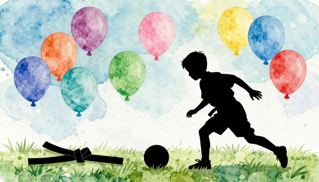 Watercolor style. Silhouette of a young boy playing football...