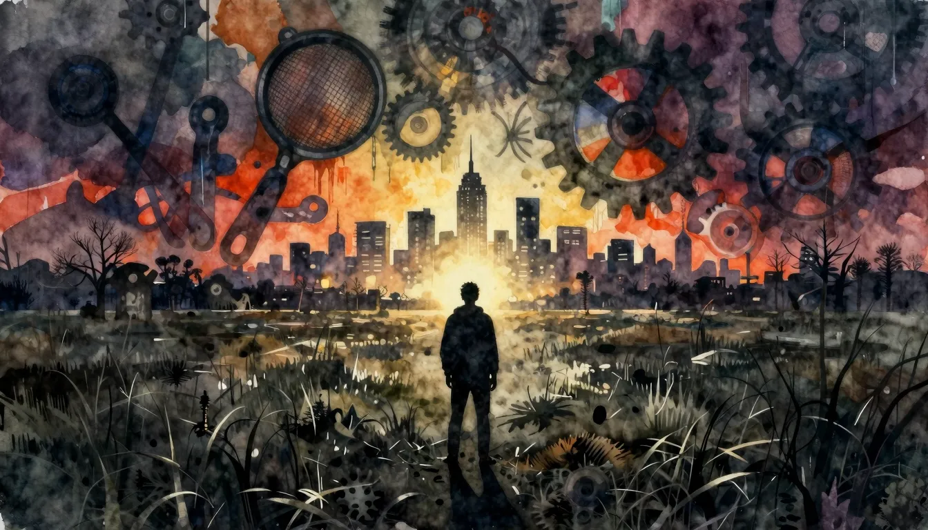Vibrant watercolor style. A dark, gritty urban aesthetic, a ...