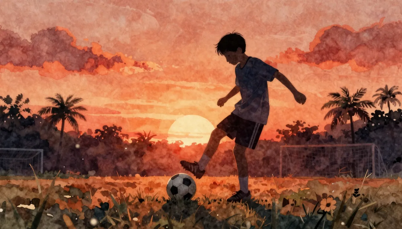 Watercolor style. Silhouette of a child kicking a soccer bal...