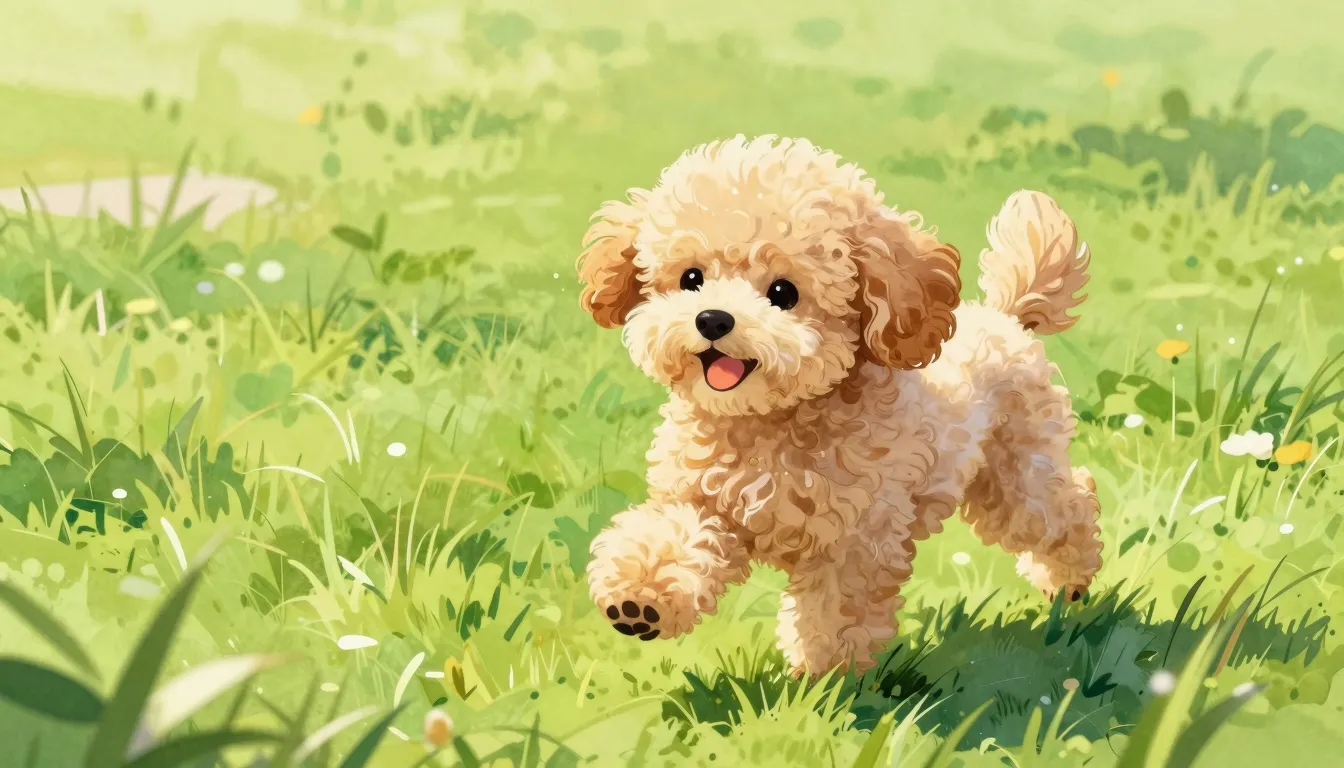 Vibrant watercolor style. Cute fluffy mini-poodle puppy runn...