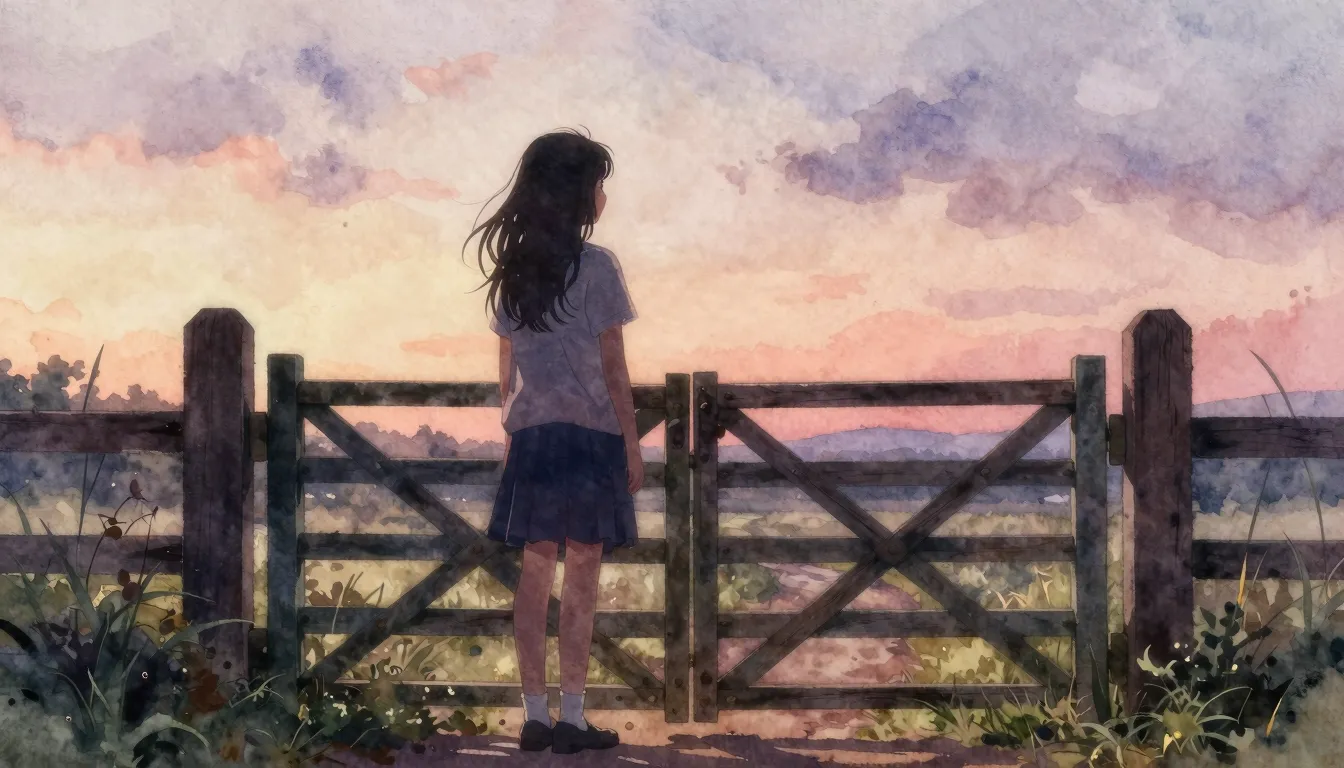 Vibrant watercolor style. A silhouette of a young girl stand...