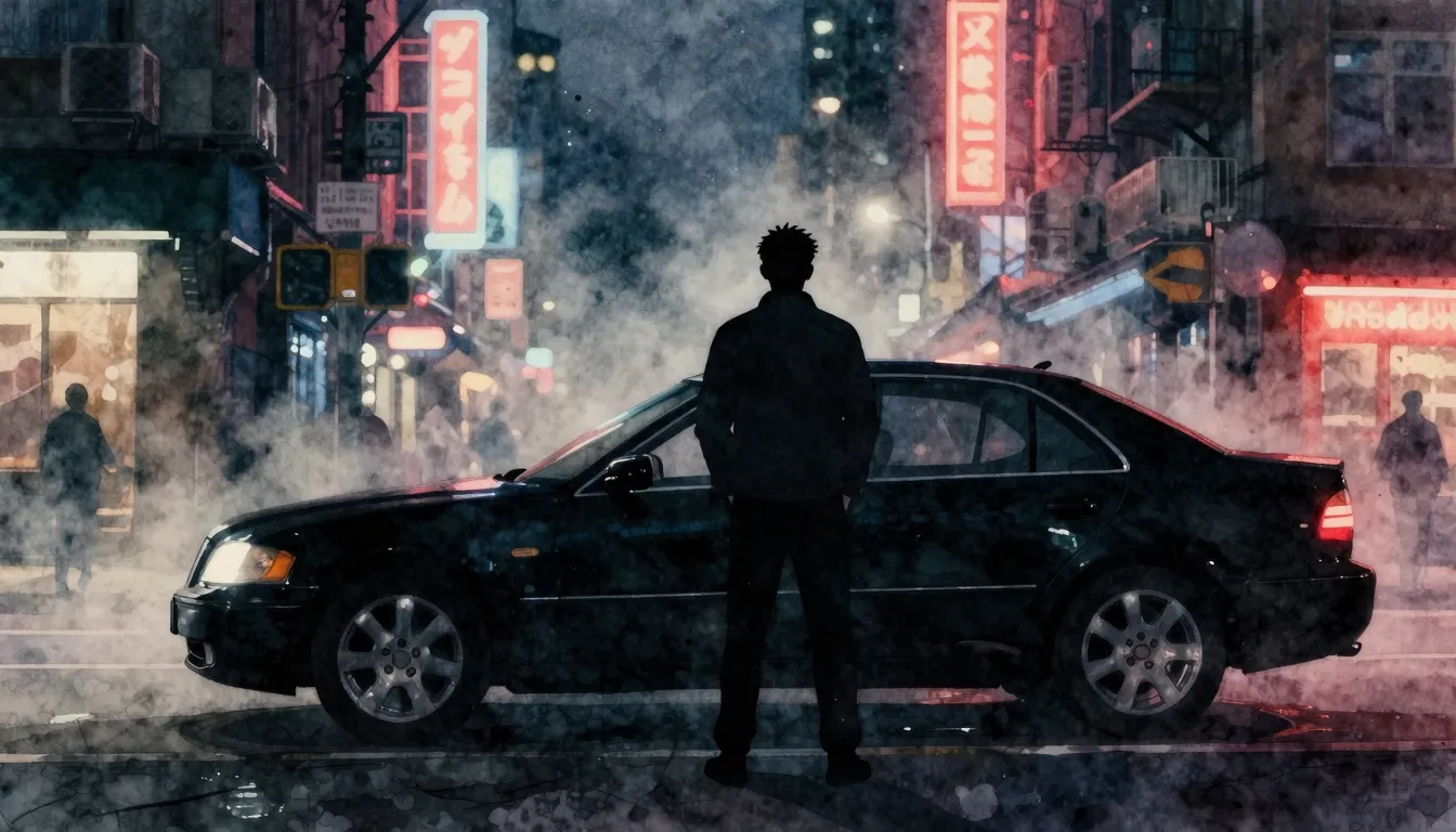 Watercolor style. Dark urban street at night, silhouette of ...