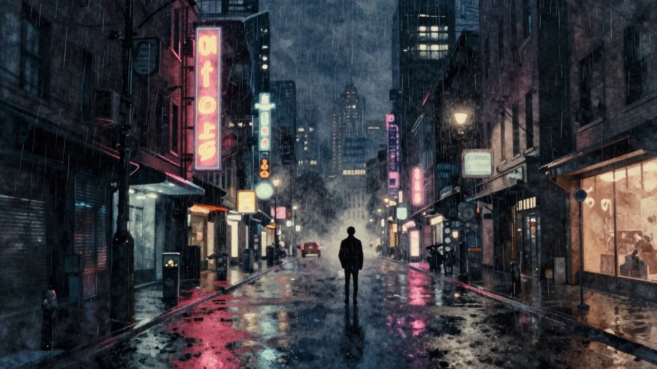 Watercolor style. Dark cityscape at night, glowing neon ligh...