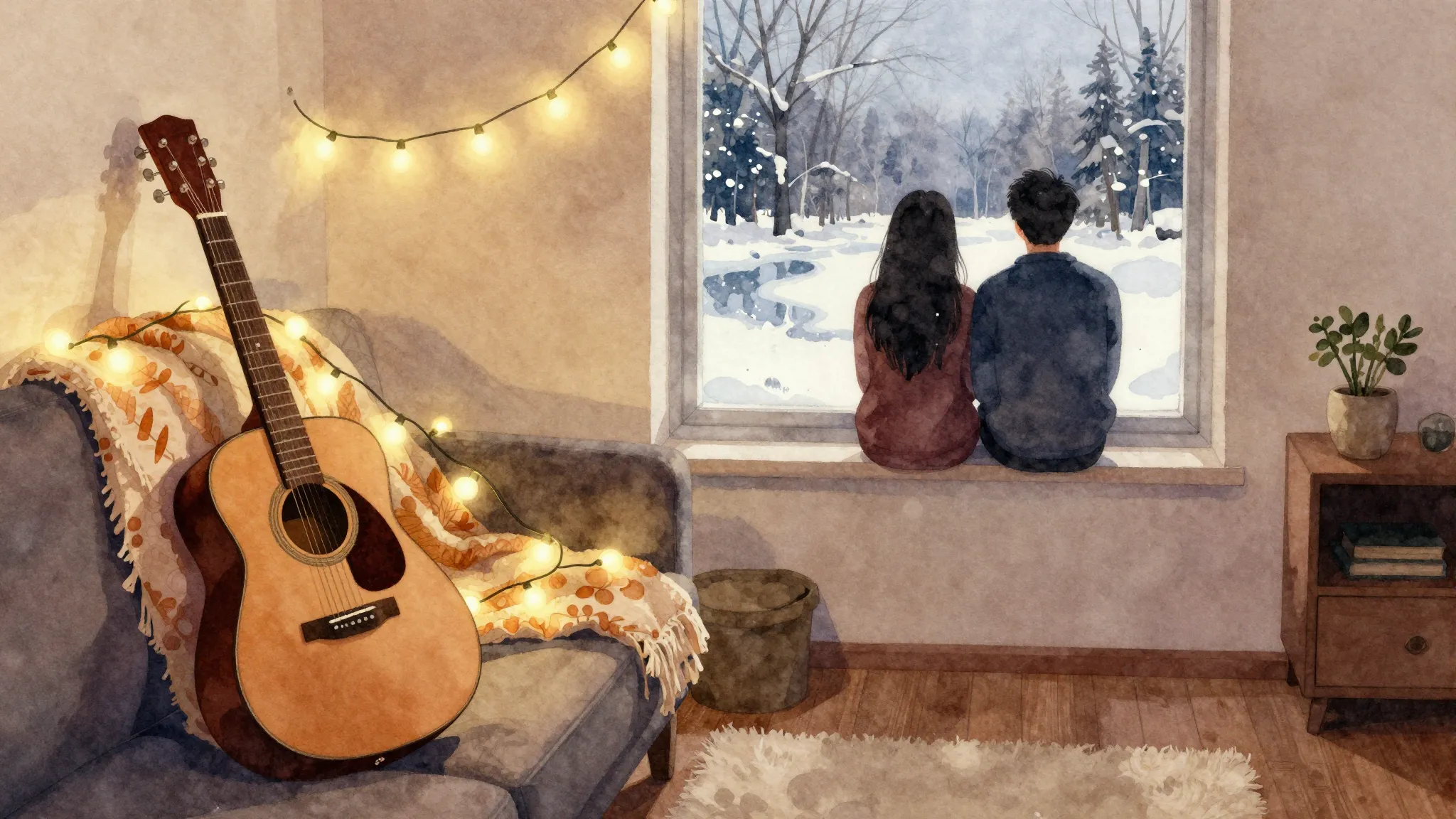 Watercolor style. A cozy room with a guitar leaning against ...