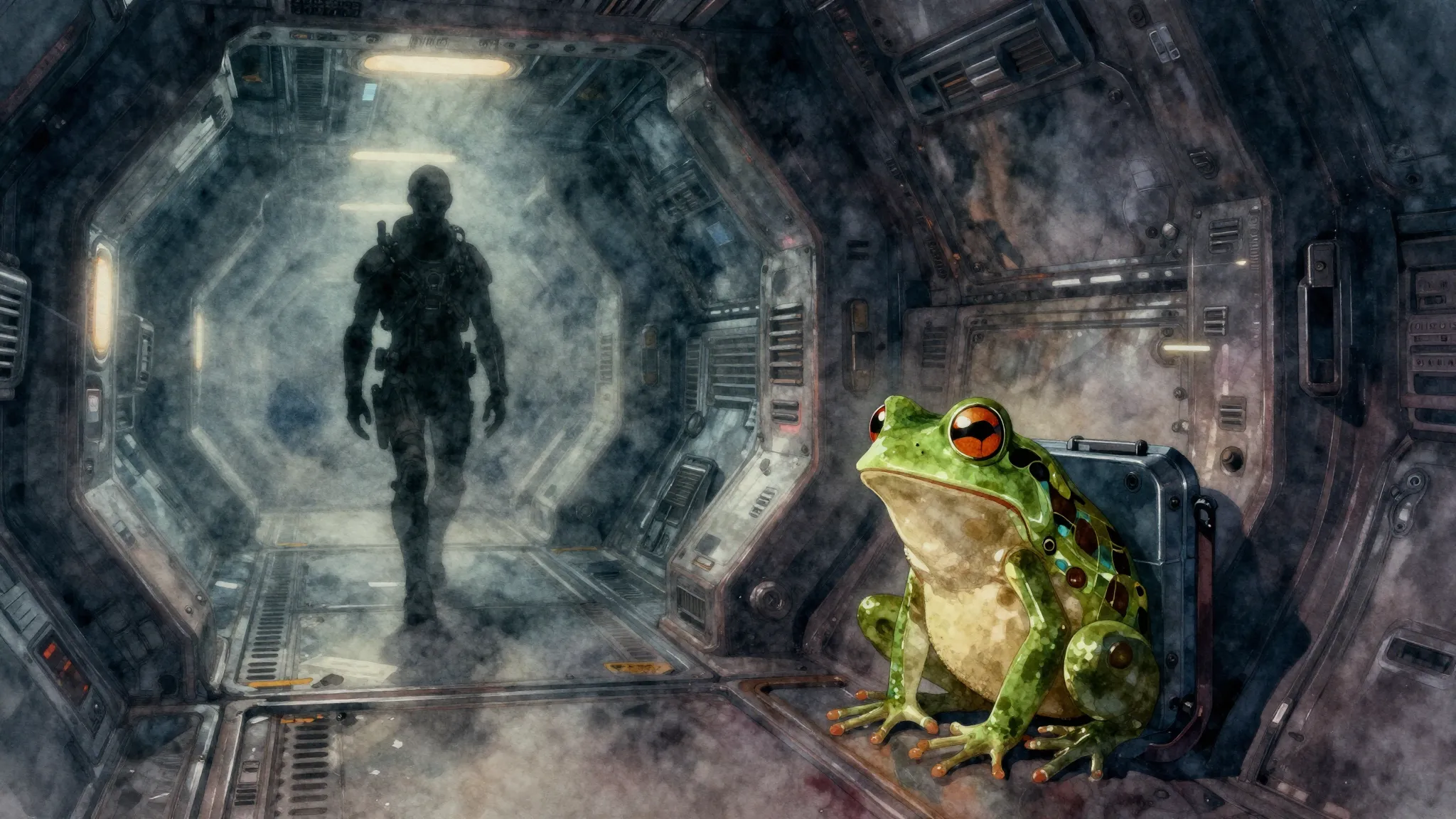 Vibrant watercolor style. A cinematic sci-fi scene featuring...