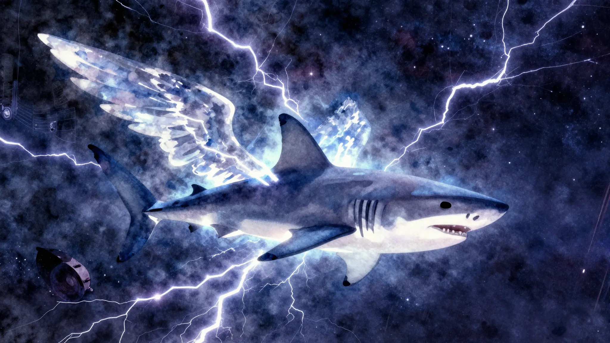 Vibrant watercolor style. A glowing silhouette of a shark wi...