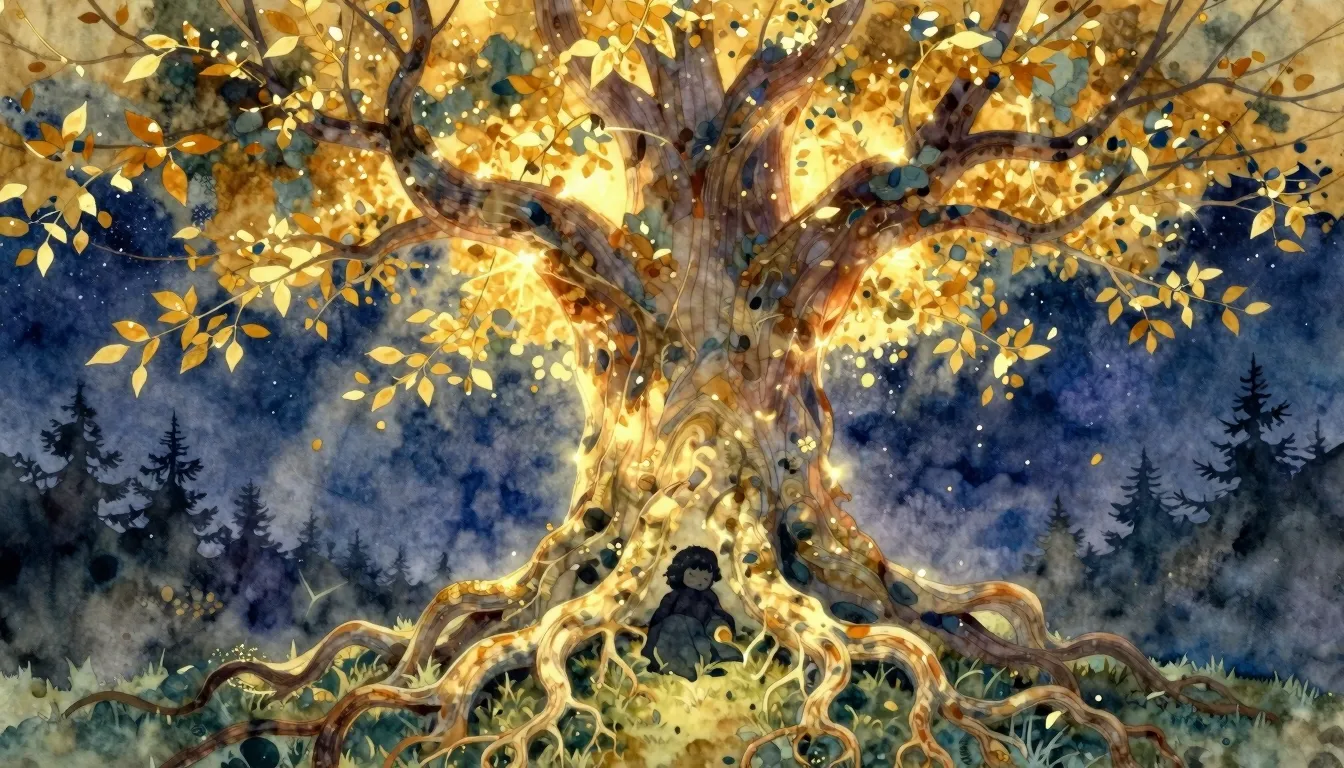 Vibrant watercolor style. A majestic ancient tree with glowi...