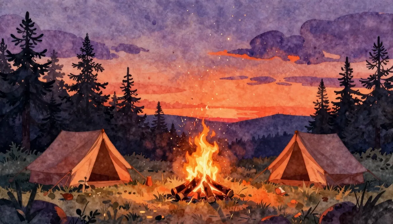 Vibrant watercolor style. A cozy summer camp atmosphere at s...