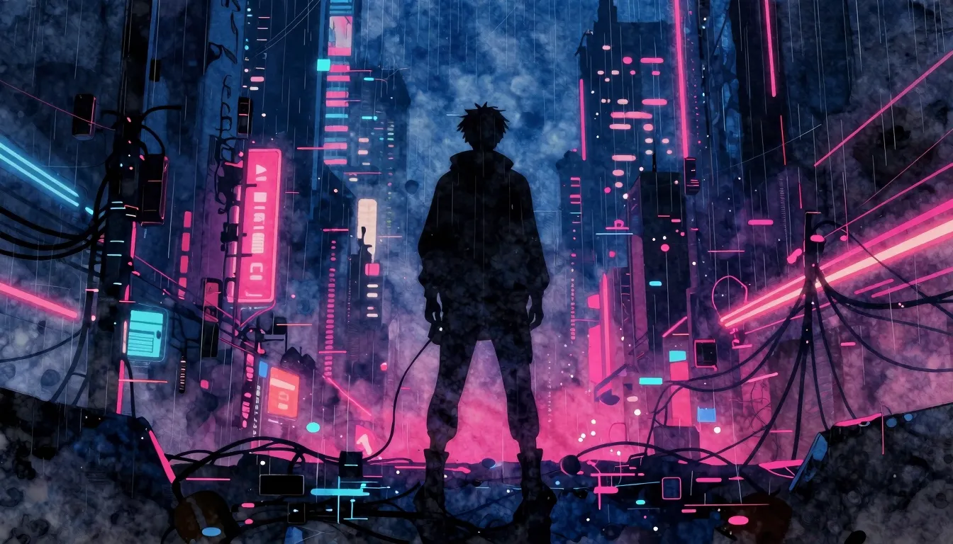 Vibrant watercolor style. Cyberpunk aesthetic, a lonely silh...