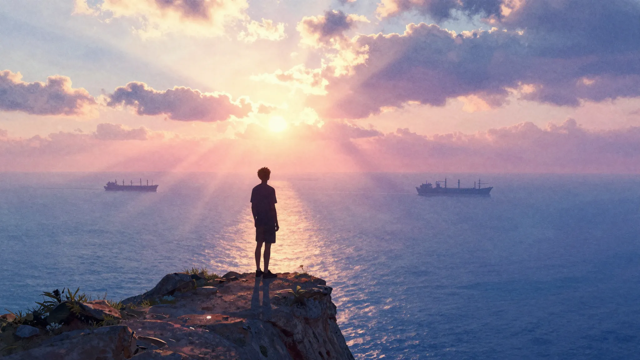 Vibrant watercolor style. A silhouette of a person standing ...