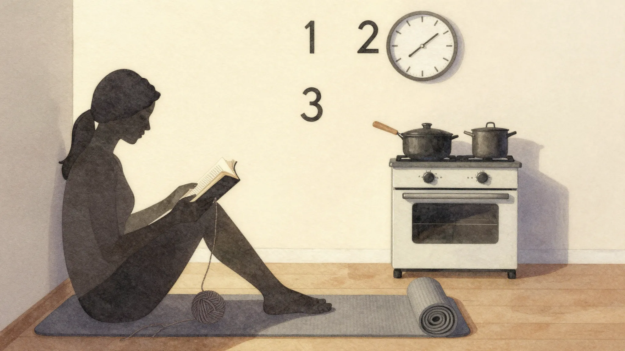 Watercolor style. Cozy room interior, silhouette of a person...