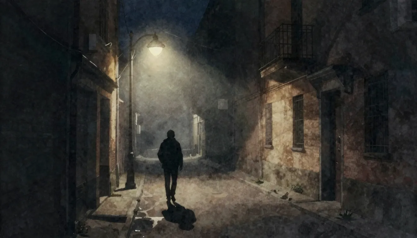 Watercolor style. Dark urban alleyway at night, glowing stre...