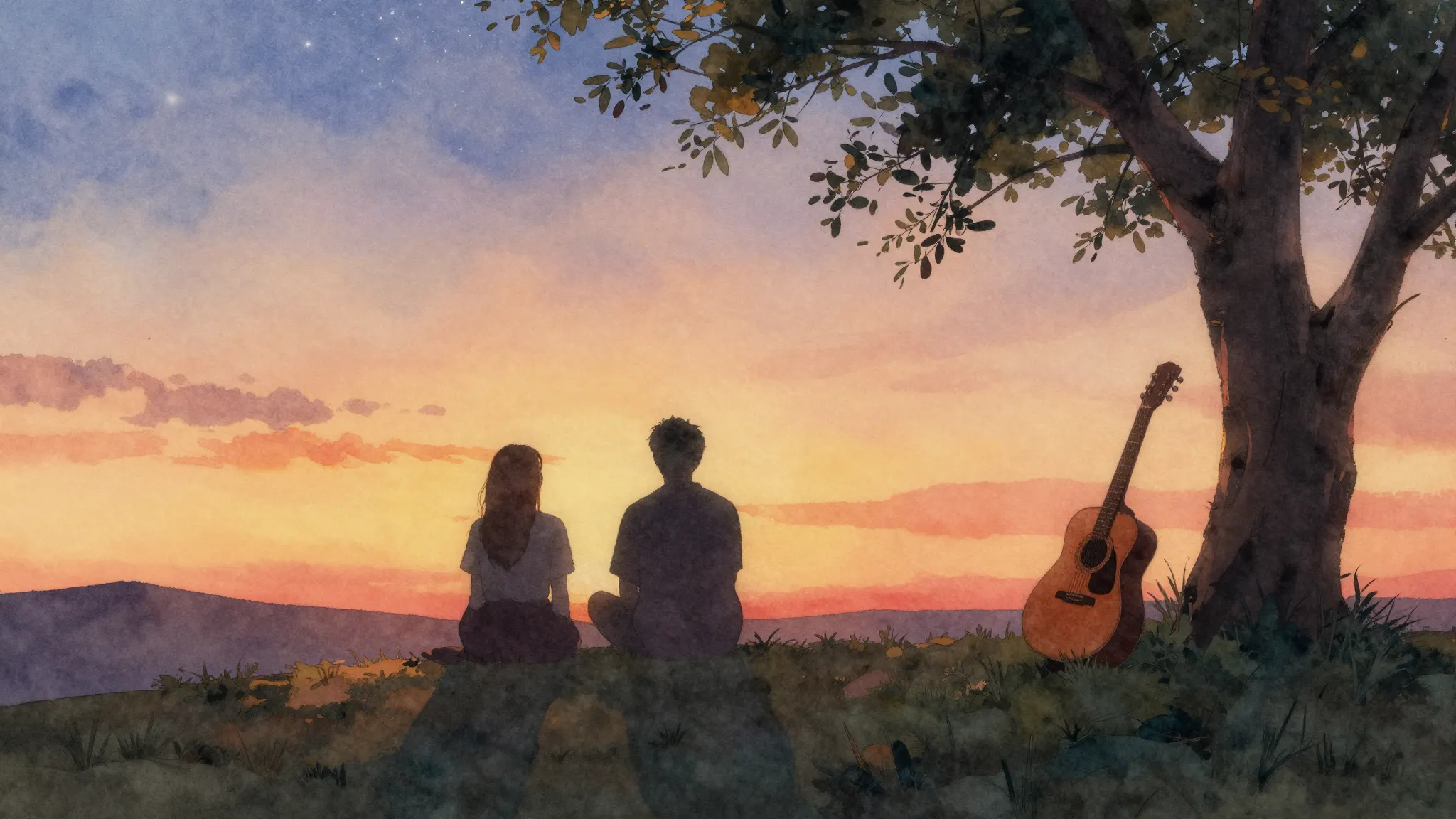 Watercolor style. Two silhouettes sitting on a hill at sunse...