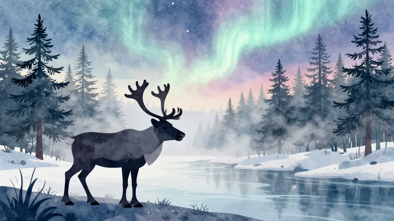 Watercolor style. Silhouette of a reindeer in a misty northe...