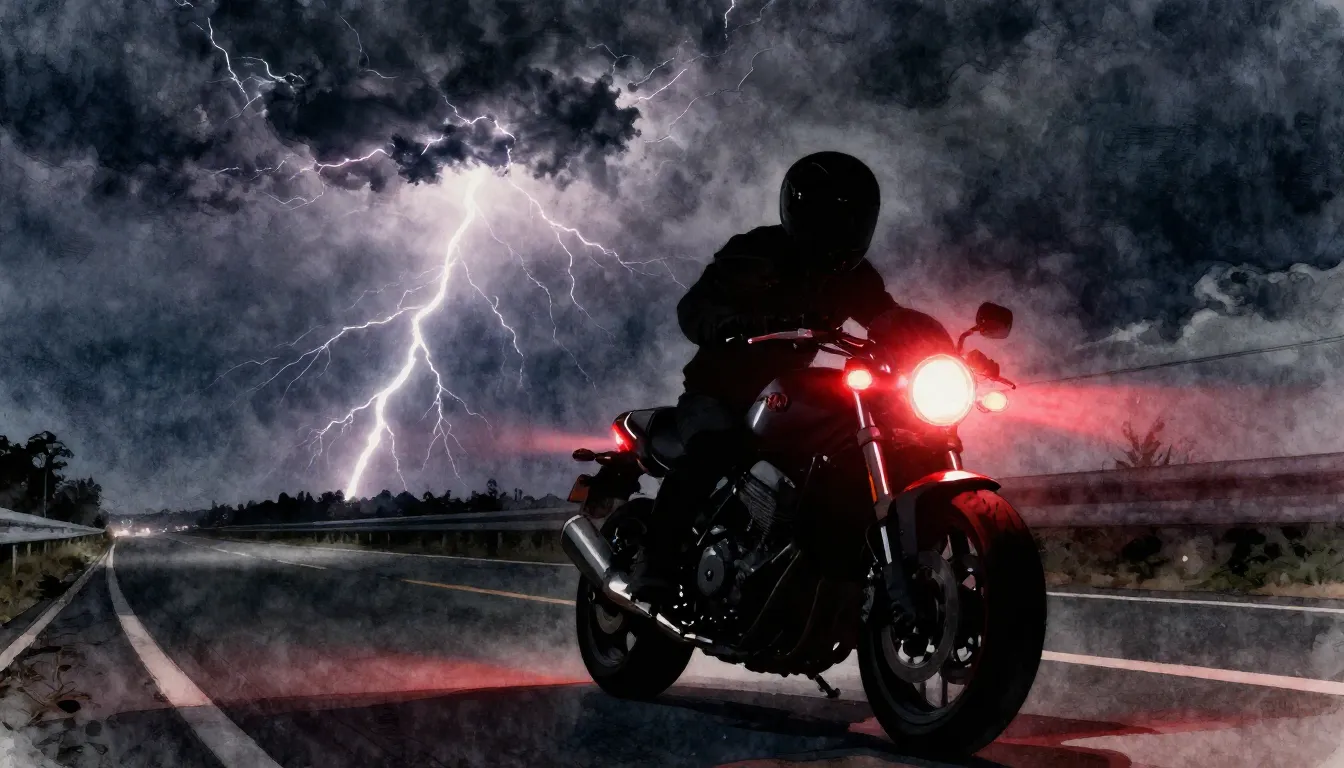 Watercolor style. Dark silhouette of a motorcycle on a highw...