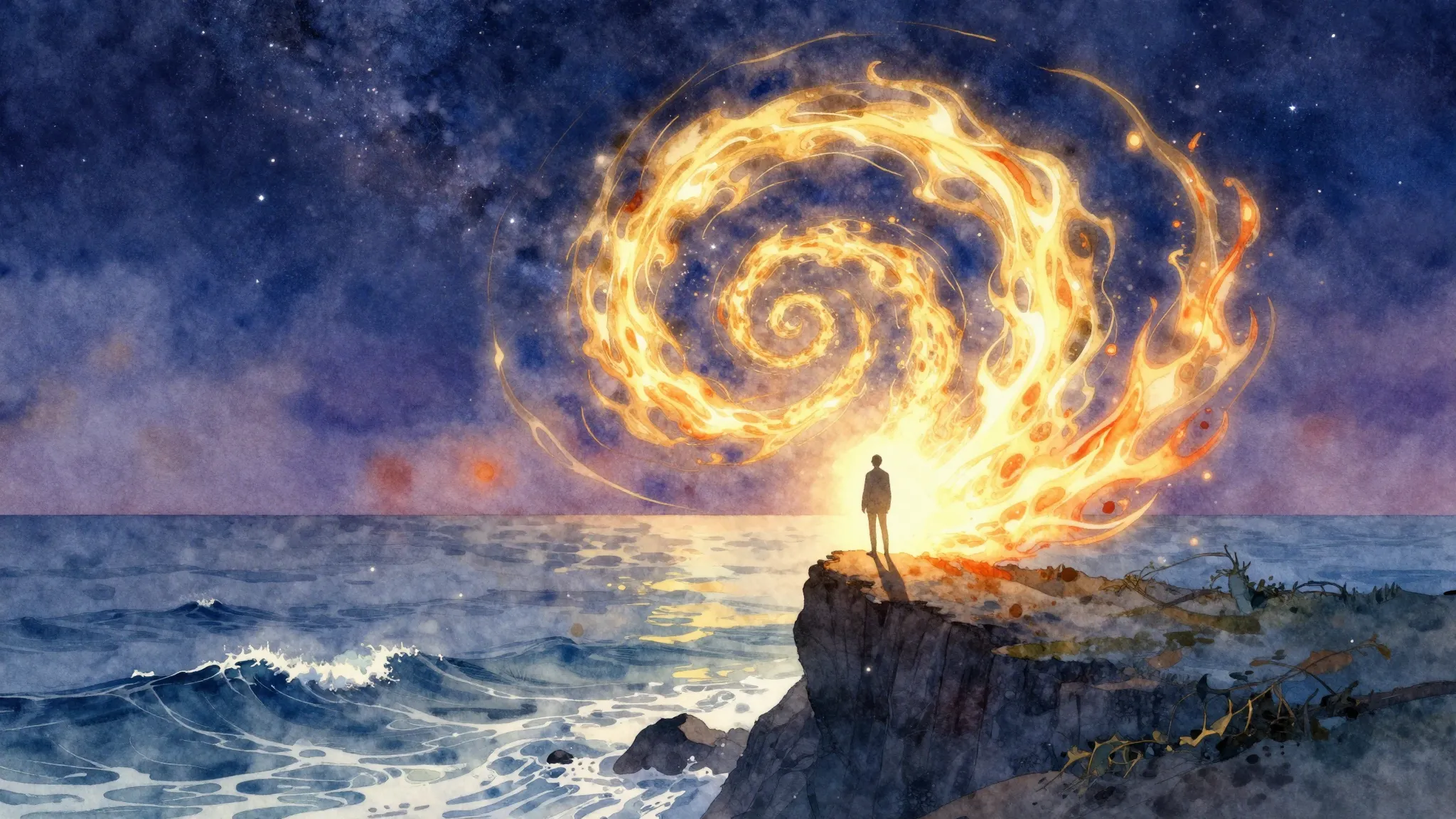 Vibrant watercolor style. A serene landscape where starry sk...