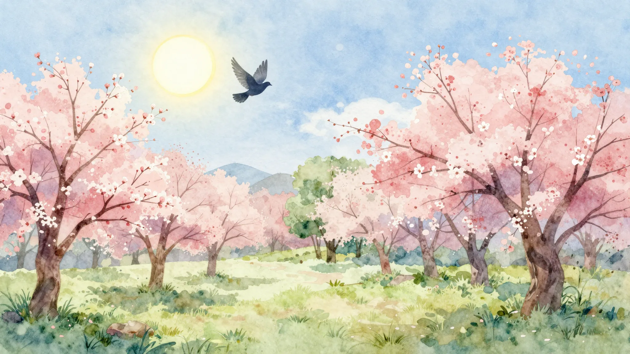 Watercolor style. A beautiful spring landscape with blooming...