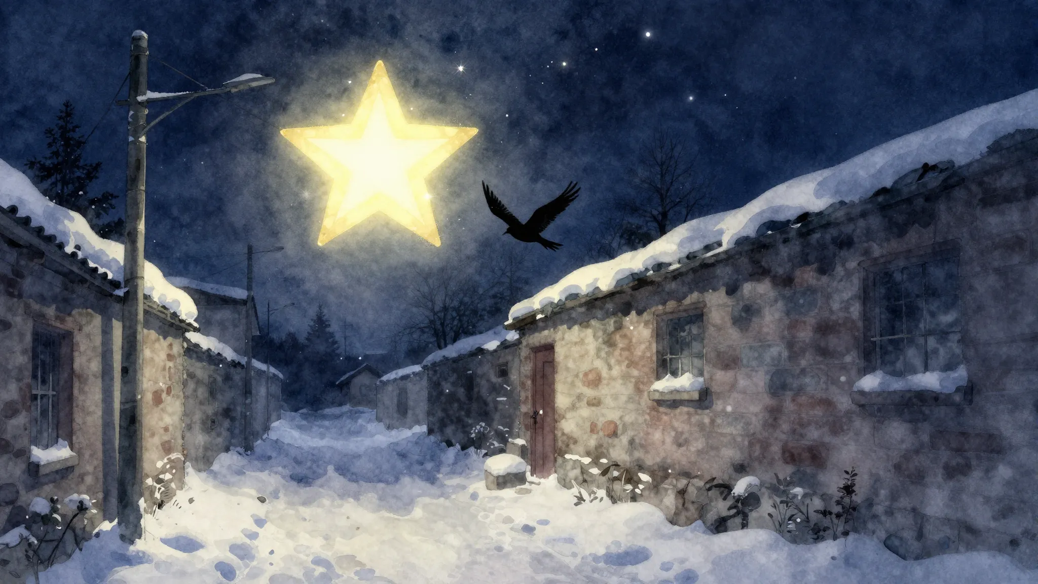 Watercolor style. A glowing star in a dark winter sky above ...