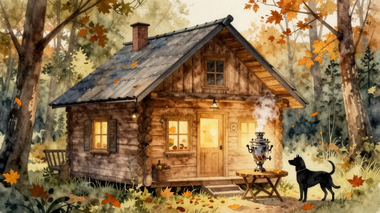 Watercolor style. A cozy wooden house in the forest, a steam...