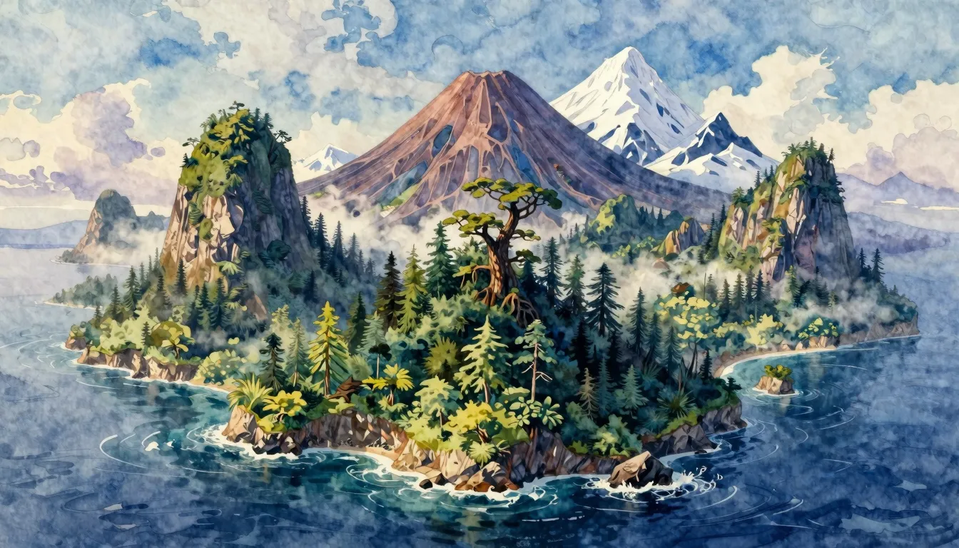 Vibrant watercolor style. A cinematic landscape of a mystica...