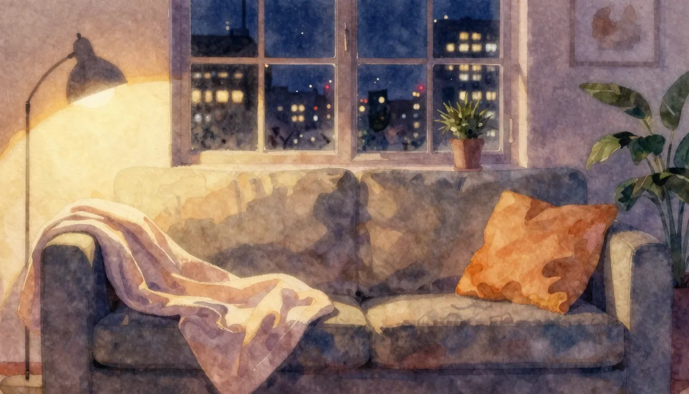 Vibrant watercolor style. Cozy living room scene at night, a...