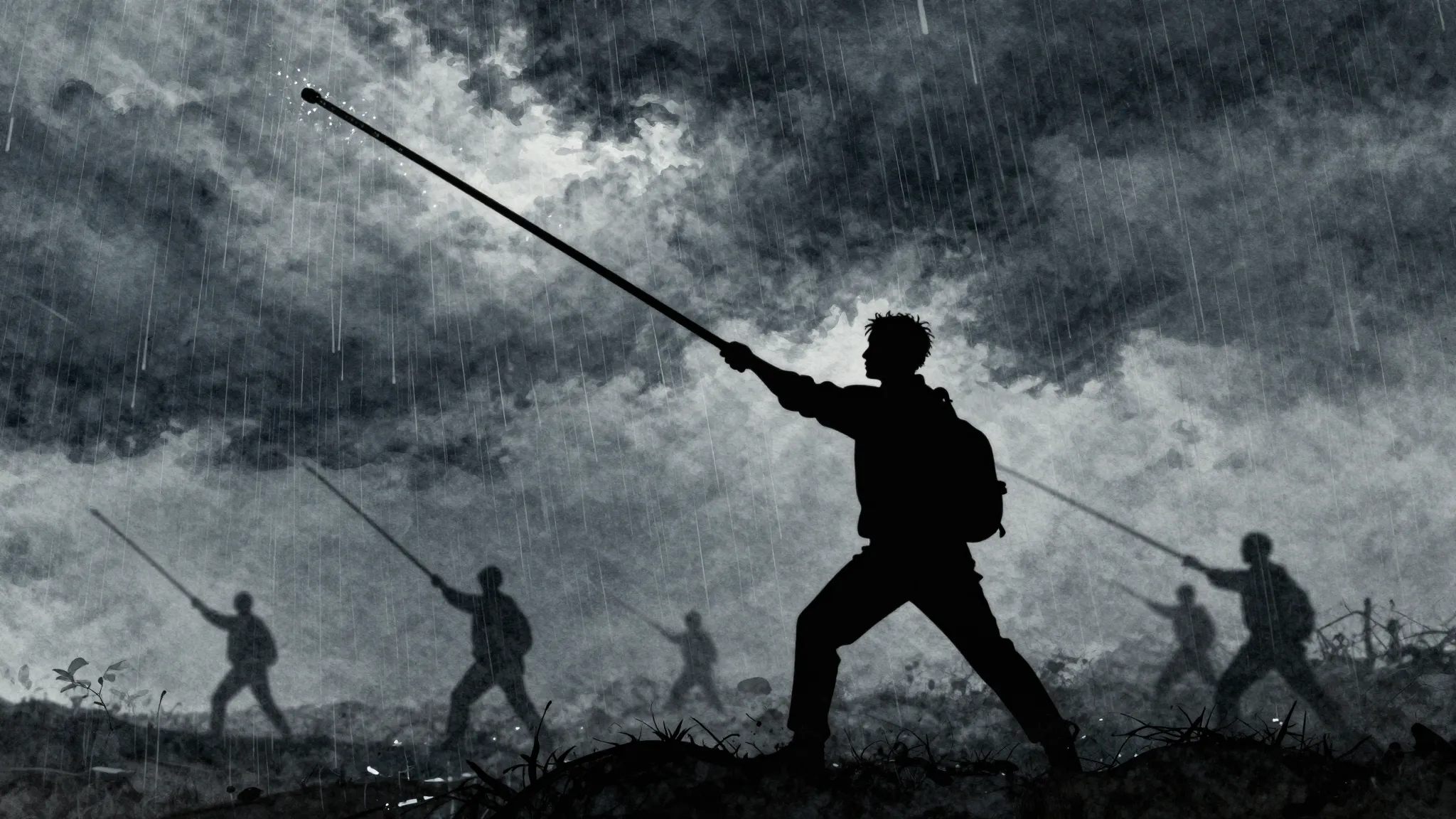Watercolor style. Silhouette of a person casting a long rod ...