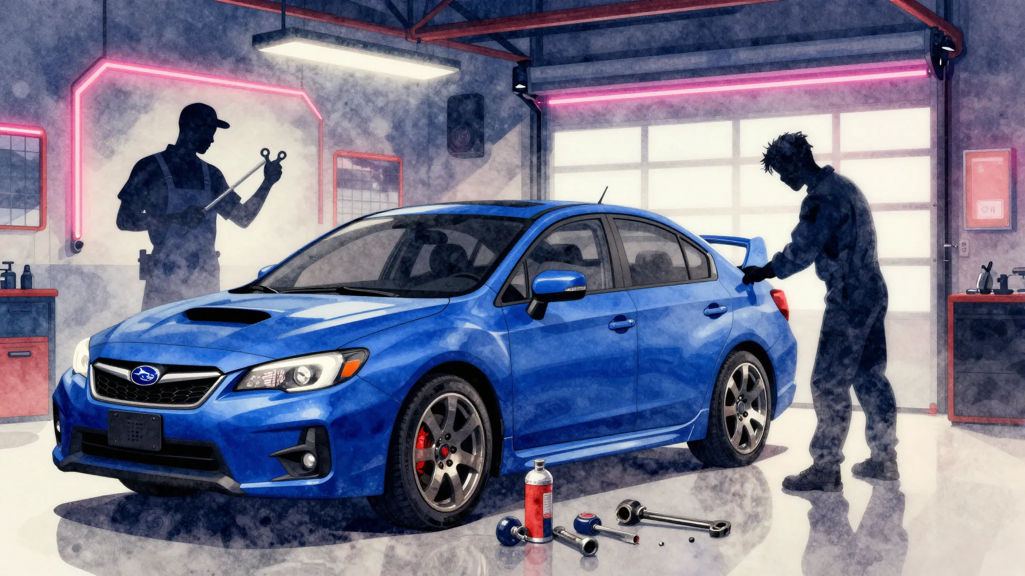 Vibrant watercolor style. A blue Subaru car in a garage, a s...