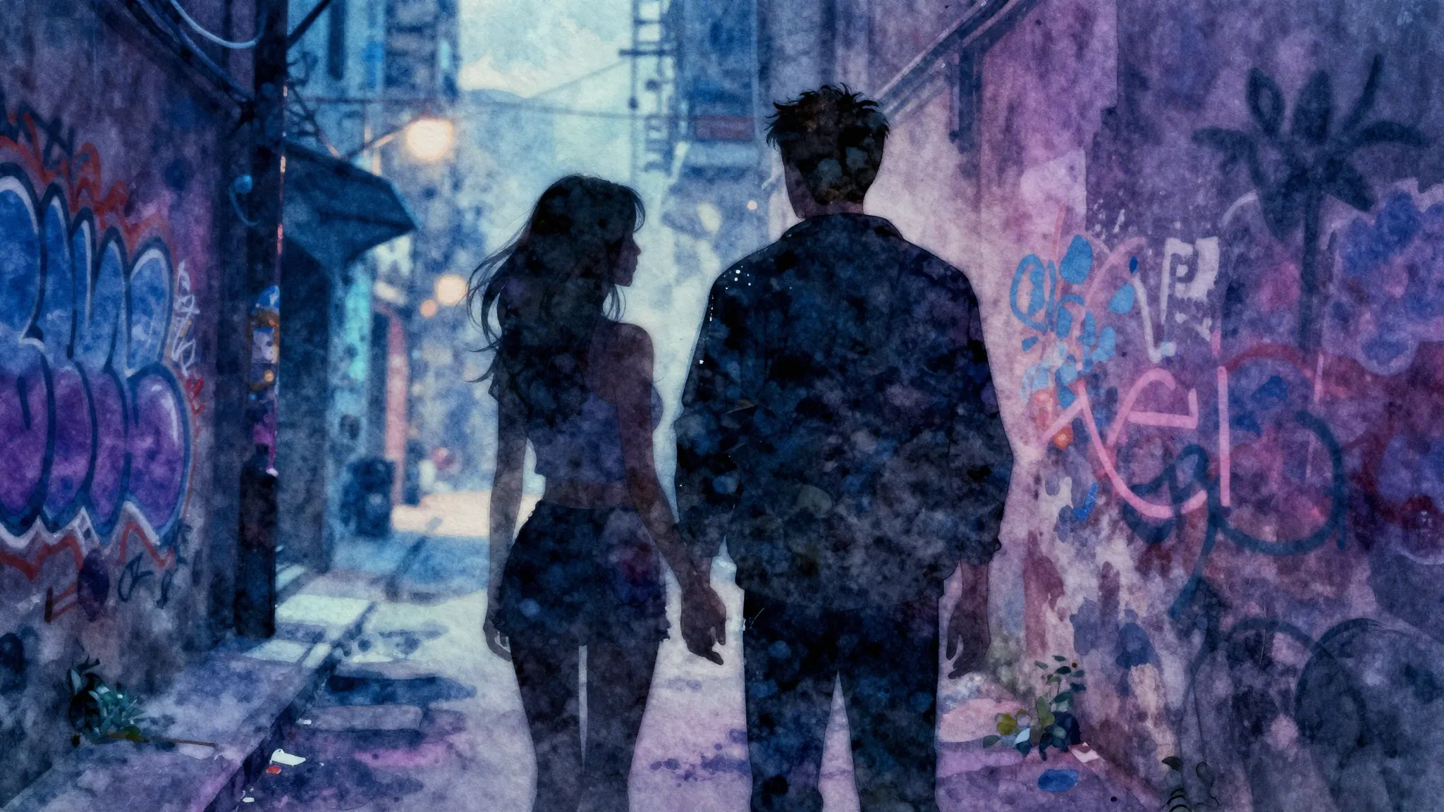 Watercolor style. Two silhouettes standing back to back in a...