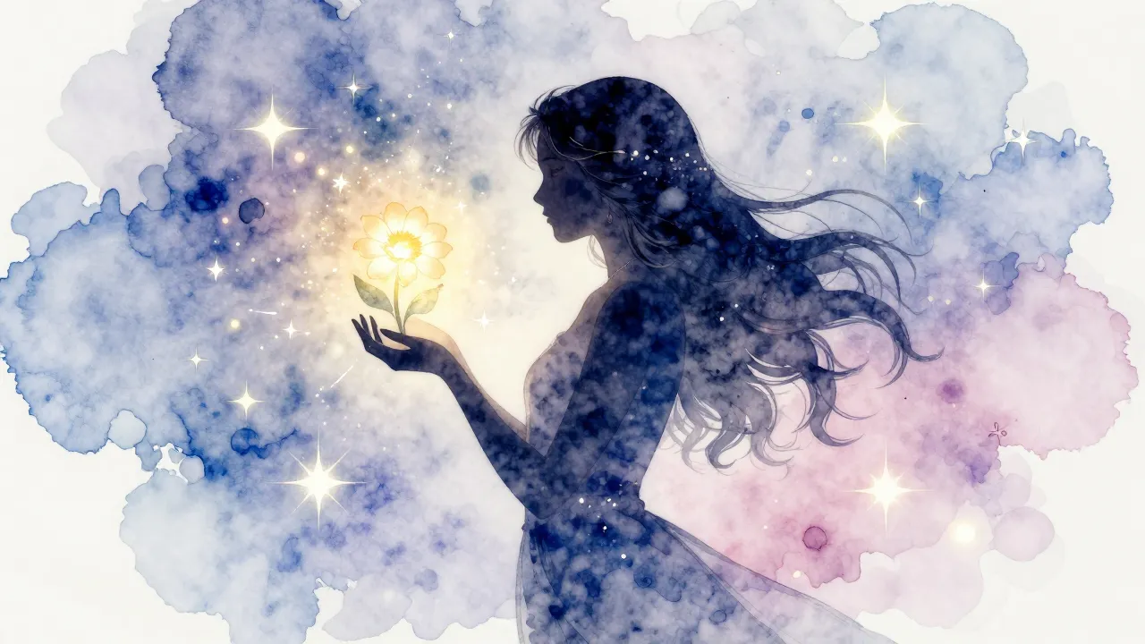 Watercolor style. A beautiful silhouette of a woman holding ...