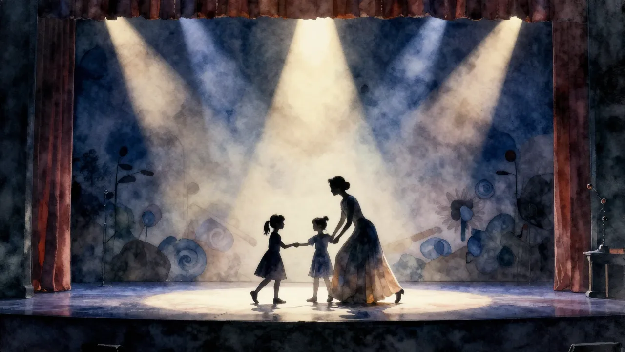 Watercolor style. A theatrical stage with dramatic lighting,...