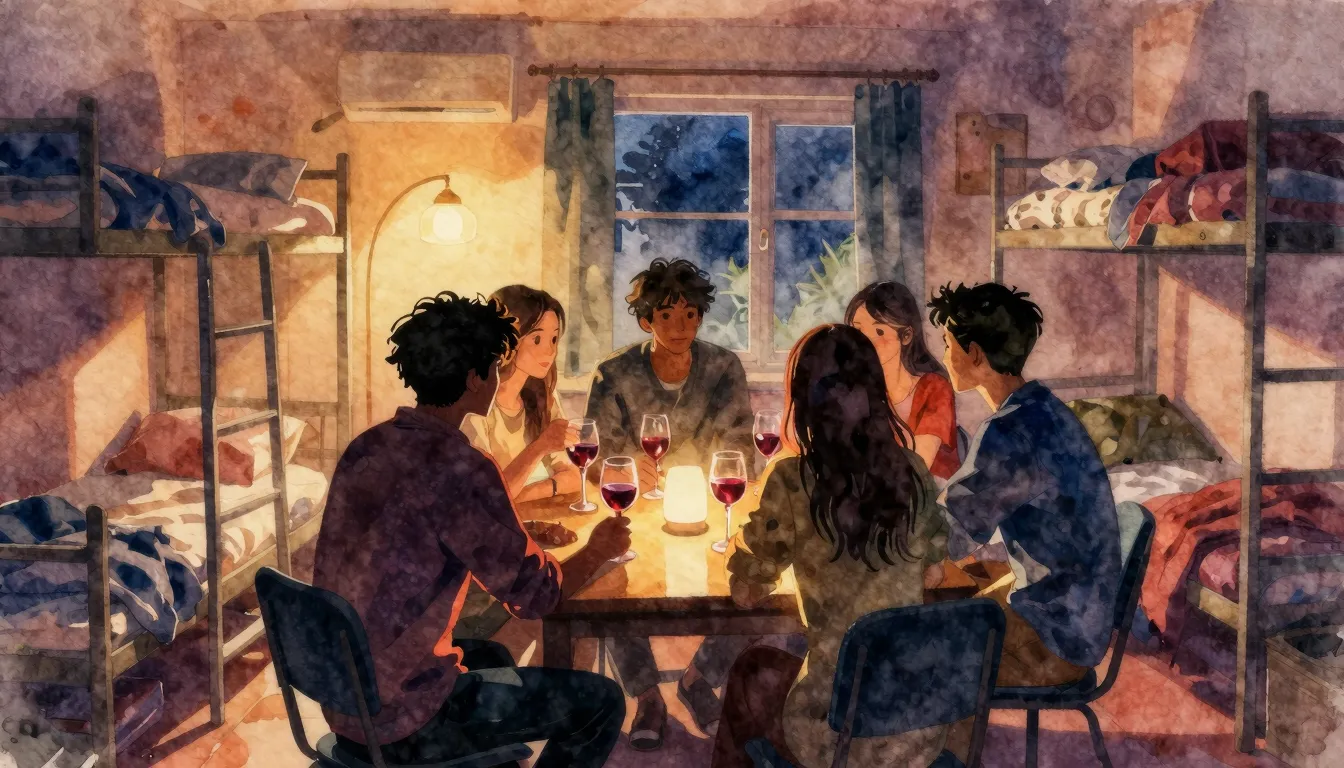 Vibrant watercolor style. A cozy, dimly lit student dormitor...