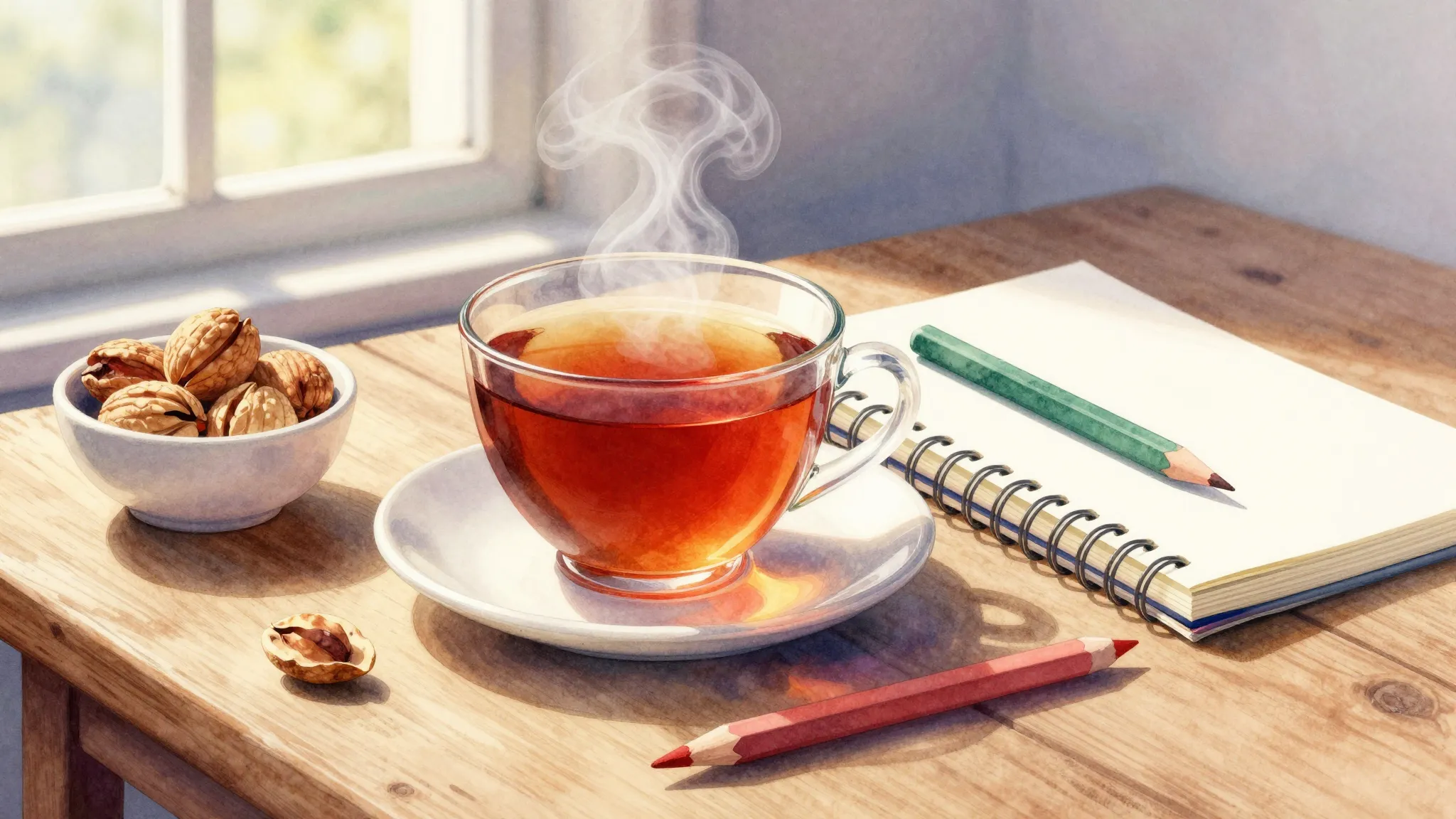 Vibrant watercolor style. Cozy morning scene, a steaming cup...