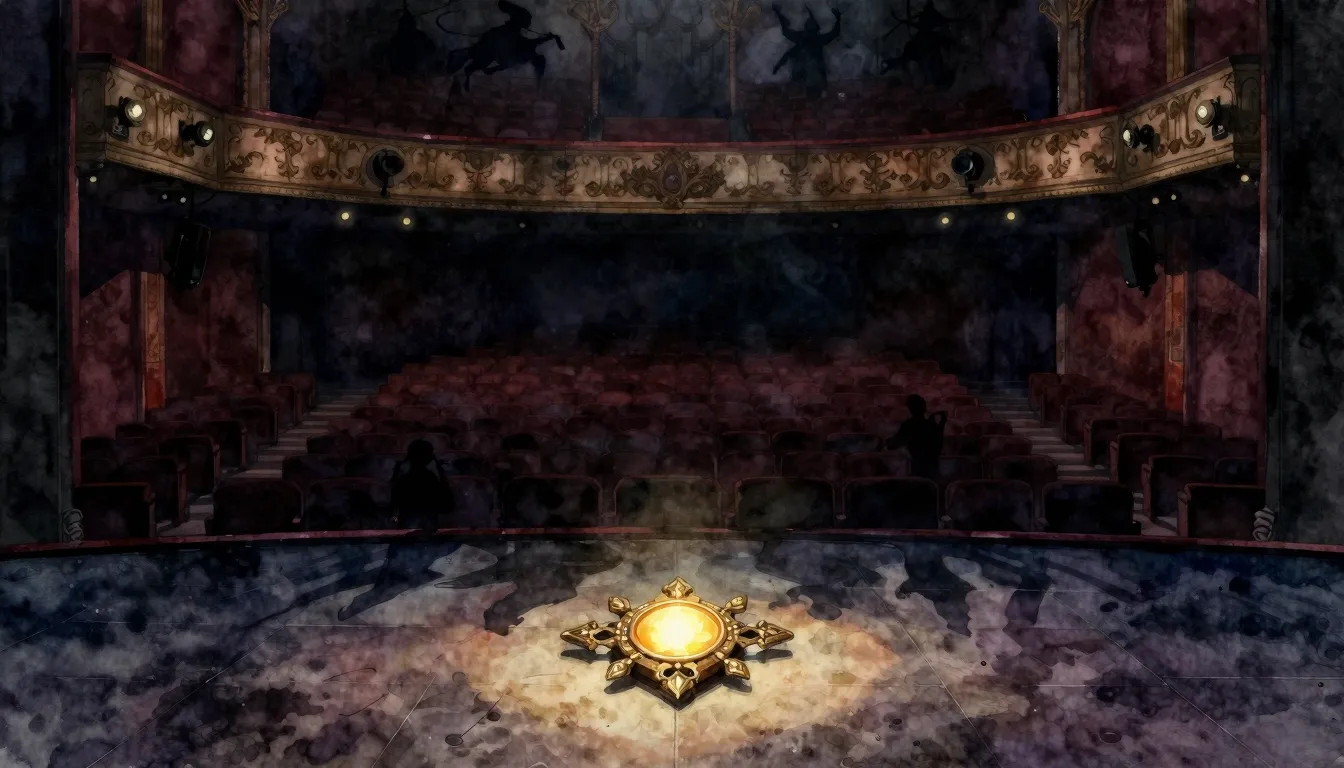 Watercolor style. A dark theater stage with a glowing amulet...