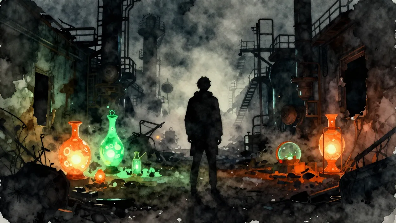 Watercolor style. A dark atmospheric silhouette of a person ...