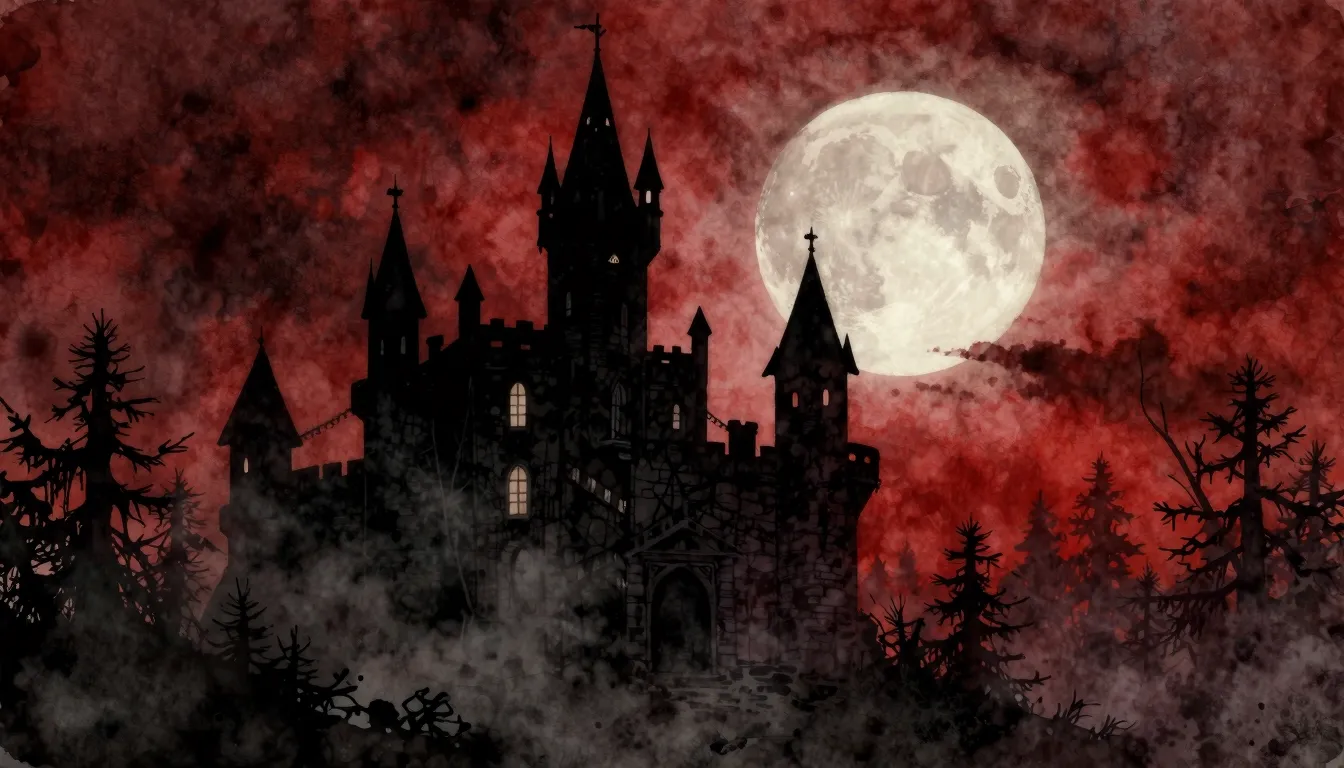 Watercolor style. Dark gothic castle silhouette against a fu...