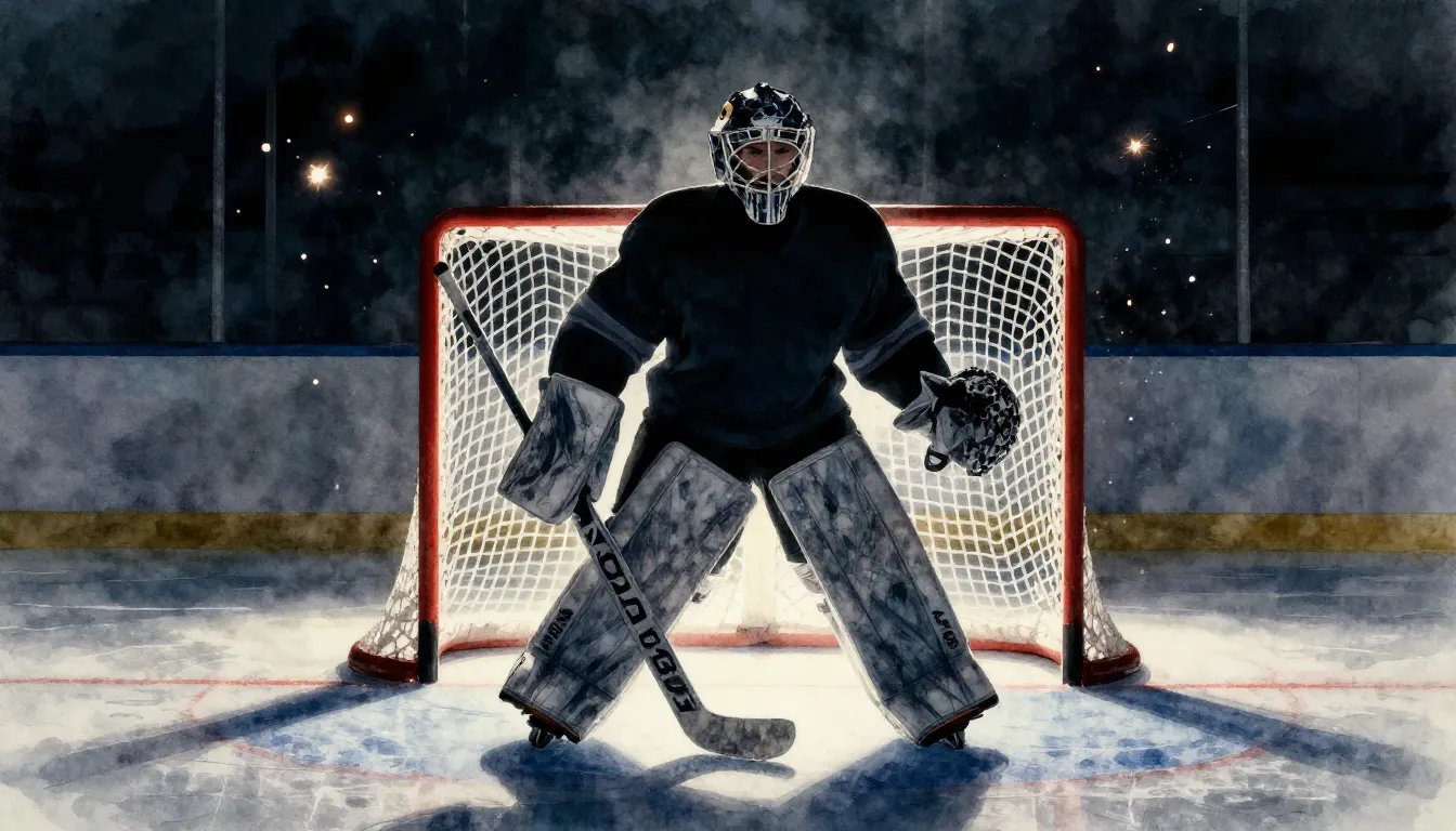 Watercolor style. Epic silhouette of a hockey goalie in full...