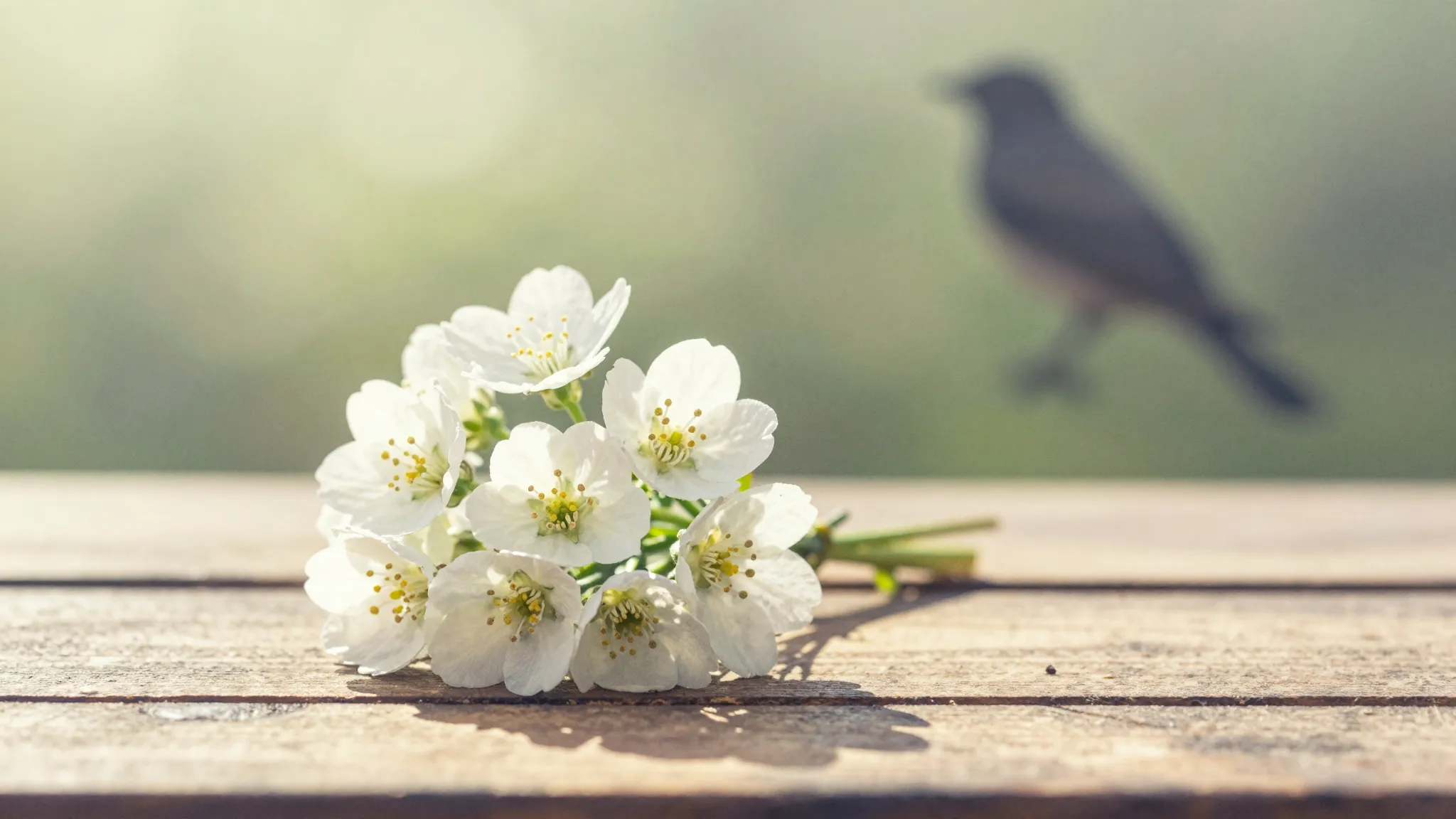 Watercolor style. A small bouquet of white flowers on a wood...