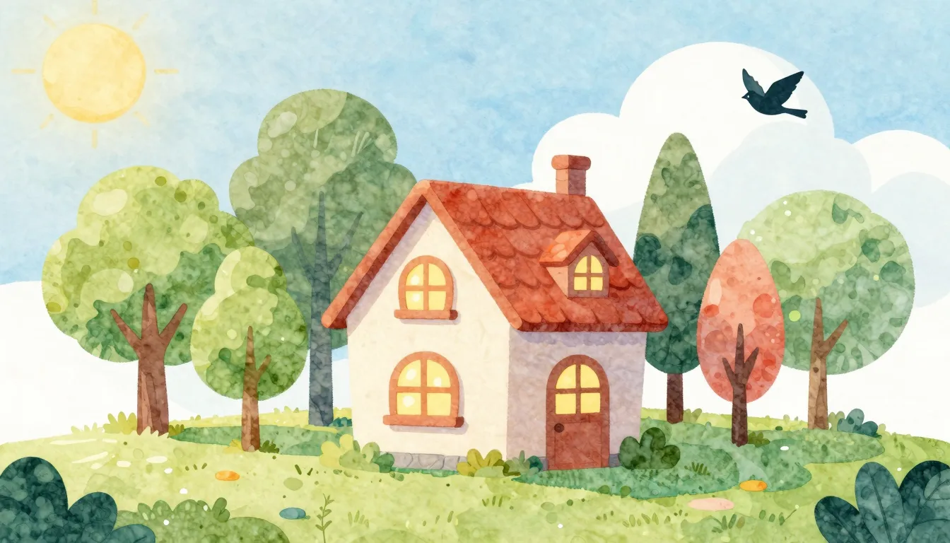 Watercolor style. A cozy magical house in a bright green par...