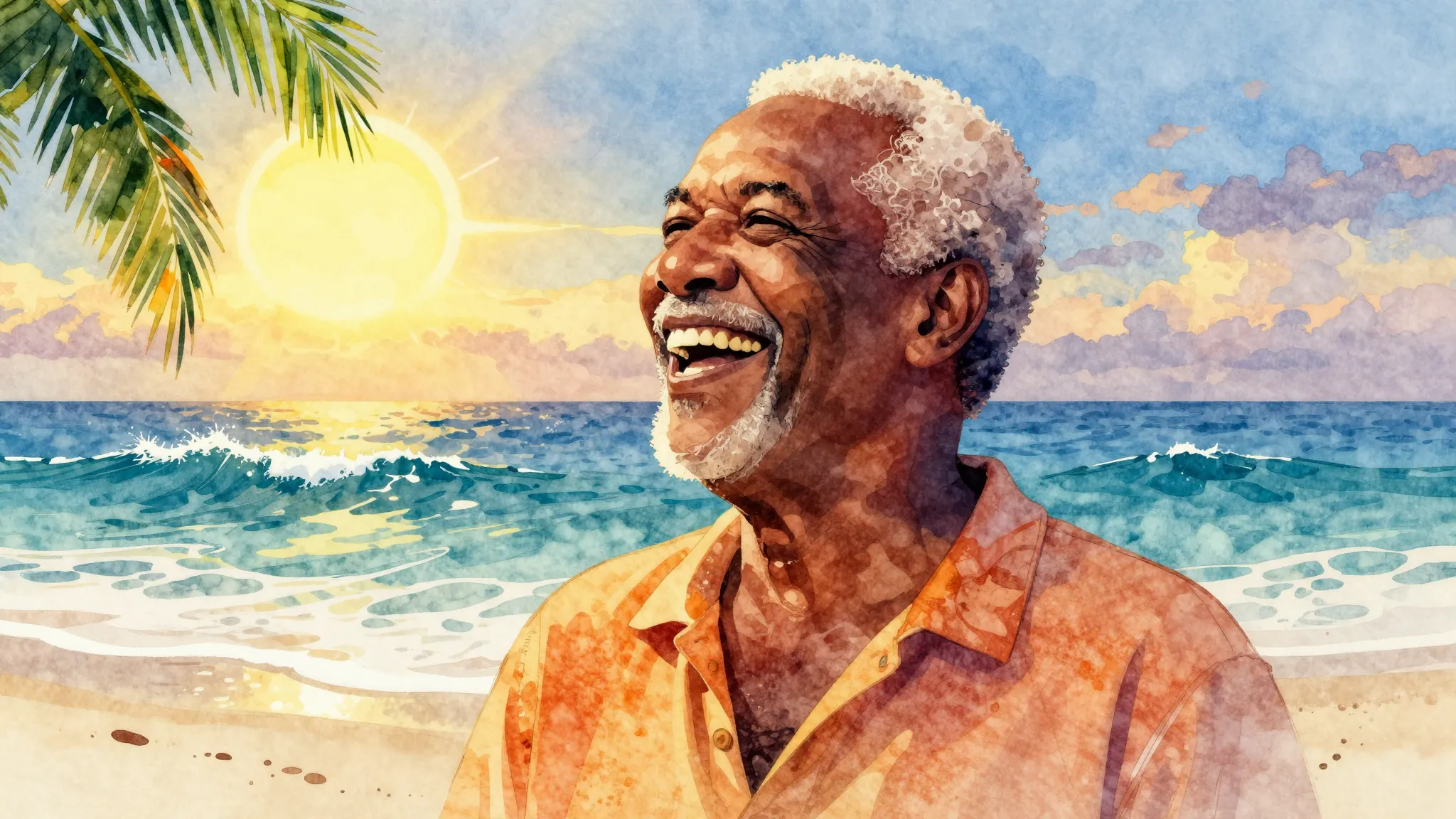 Vibrant watercolor style. Reggae music album cover, a silhou...