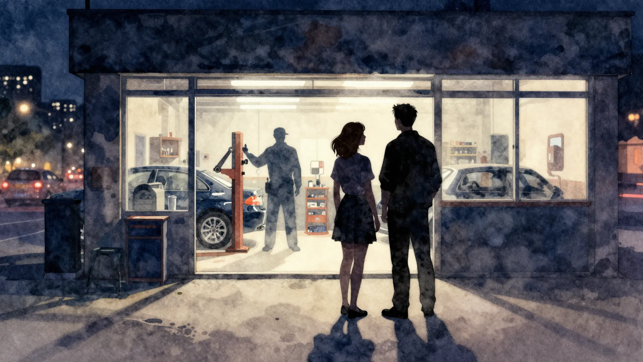 Watercolor style. A silhouette of a couple standing in front...