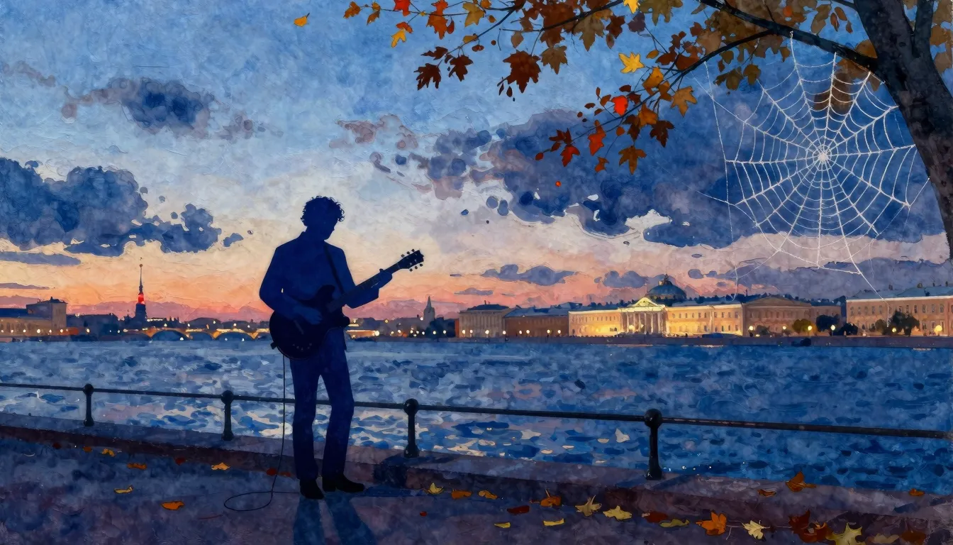 Vibrant watercolor style. A lonely silhouette of a blues mus...