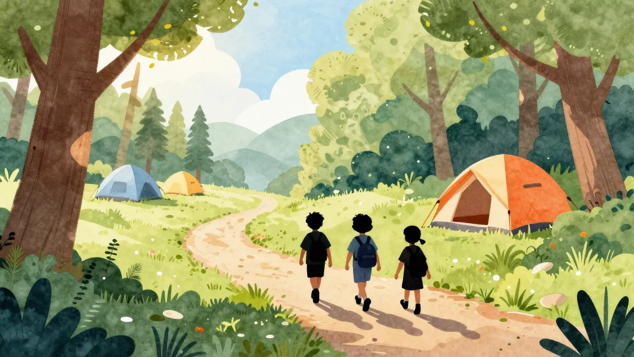 Watercolor style. A bright sunny day in a forest, silhouette...