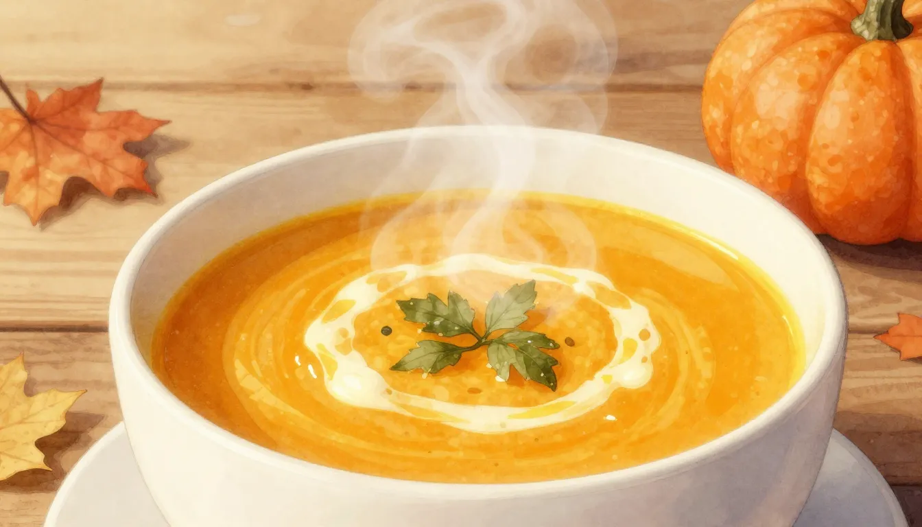 Watercolor style. Close-up of a bright orange pumpkin soup i...