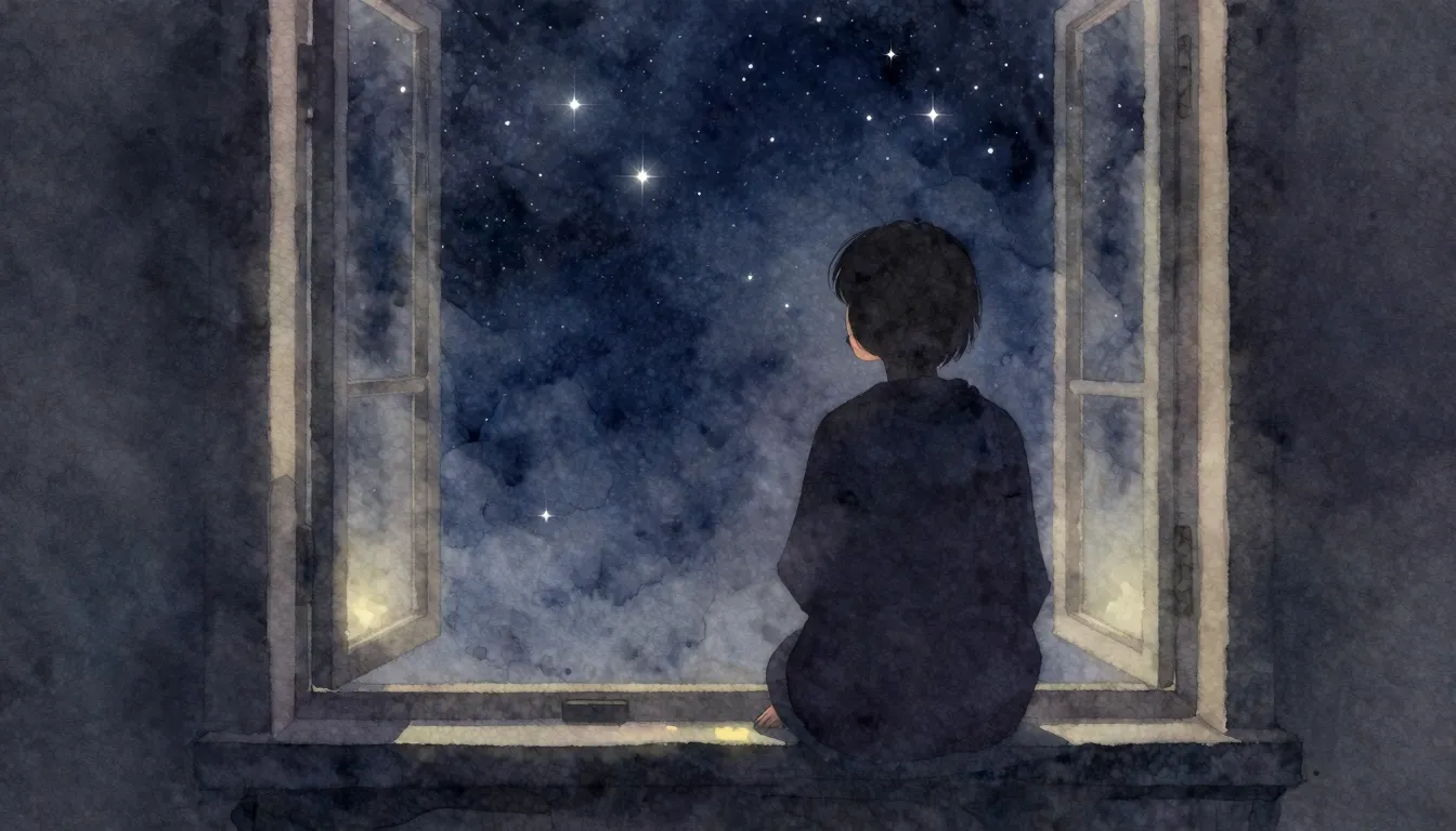 Watercolor style. A silhouette of a person looking out a win...